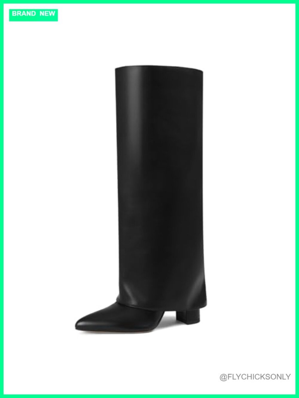 Wide Calf Knee High Boots Pointed Toe Chunky Heel Fold Over